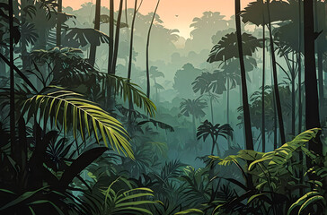 Jungle mist drifting through the trees at dawn vector art illustration image.  