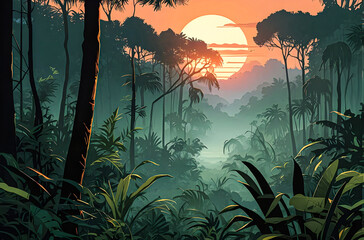 Jungle mist drifting through the trees at dawn vector art illustration image.  