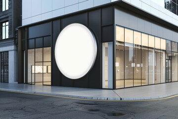 Modern store exterior with large blank circle banner and display windows