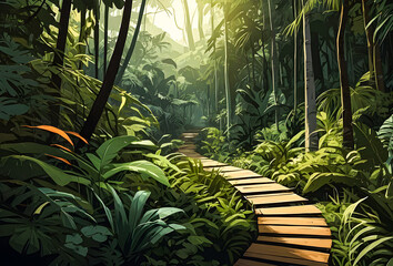A Jungle path winding through dense vegetation vector art illustration image.

