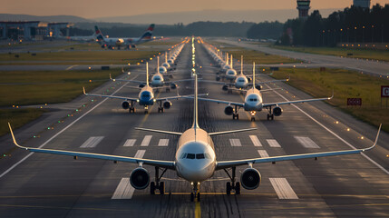 Several airplanes queue on the tarmac at sunset, preparing for departure, illustrating busy airport life.