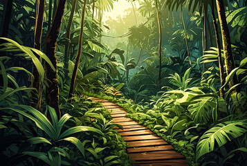 A Jungle path winding through dense vegetation vector art illustration image.

