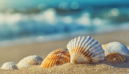 Close-up of beautiful sea shells on shore of the sandy beach. Blurred natural background.