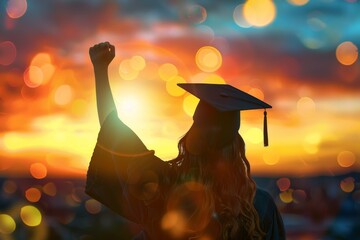 A woman in a graduation cap and gown holding up her fist to the sky celebrating as the sun sets with a light bokeh background Generative AI - obrazy, fototapety, plakaty