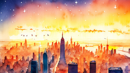 The Sunrise City. watercolour-style illustration. AI generated.