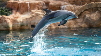 A bottlenose dolphin leaps gracefully out of the water, its sleek body glistening in the sun.
