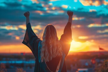 woman in her graduation gown, holding up her cap and fist as she celebrates with the sunset in the background Web banner with empty space Generative AI - obrazy, fototapety, plakaty