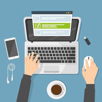 Sondaggio online sui modulo su laptop. Illustrazione . Design in stile piatto domande risposte esatte e sbagliate	
