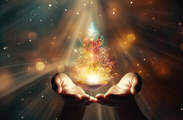 Girl hands holding shiny magic tree. Spiritual concept of life and growth.