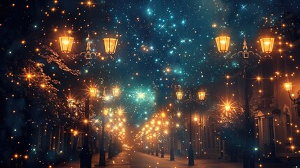 Lights from street lamps create galaxy like pattern in dark night - obrazy, fototapety, plakaty