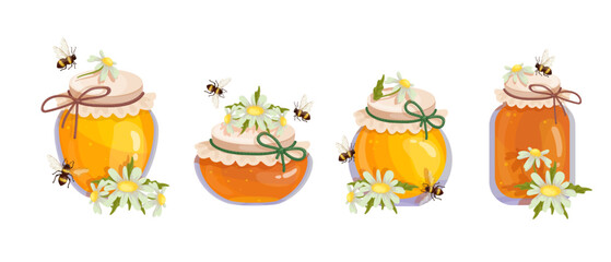 Set of honey jars with chamomile wildflowers and honey bees.Vector graphics.