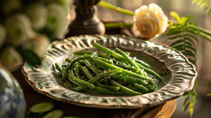 A highfashion twist on the classic green bean dish, presented in a stylish and artistic