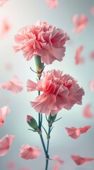 Soft pink carnation in full bloom against a pale blue background