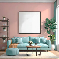 Mock up frame in cozy home interior background, coastal style bedroom, 3d render, Coastal style home mockup of a bedroom interior with rattan furniture against a blank wall. Generative AI