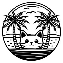 cat on the beach t-shirt logo icons vector illustration