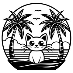 cat on the beach t-shirt logo icons vector illustration
