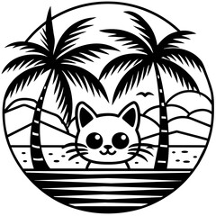 cat on the beach t-shirt logo icons vector illustration