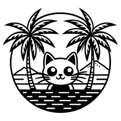 cat on the beach t-shirt logo icons vector illustration