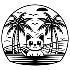 cat on the beach t-shirt logo icons vector illustration