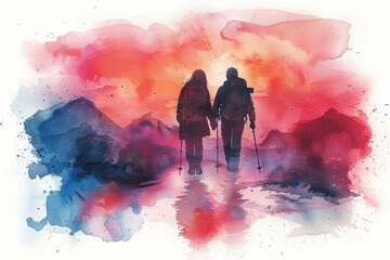 Pink watercolor painting of a couple hiking in forest, adventure - obrazy, fototapety, plakaty