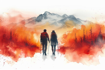 Red watercolor painting of a couple hiking in forest, adventure - obrazy, fototapety, plakaty