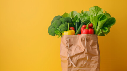 A bag of vegetables is displayed on a yellow background. The vegetables include broccoli, tomatoes, and peppers. - 787430971