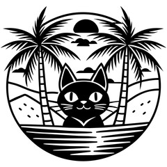 cat on the beach t-shirt logo icons vector illustration