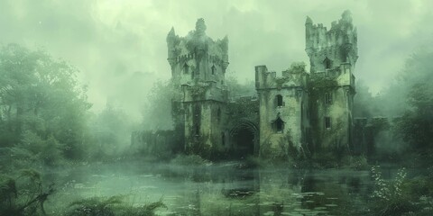 The watercolor painting captured the abandoned castle's ivy-covered walls under an eerie sky, embodying natural decay and mystery. - obrazy, fototapety, plakaty