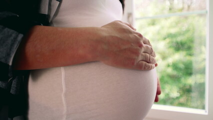 Pregnant Woman at 8 Months, Caressing Belly by Window, Peaceful Home View with Trees, close-up...