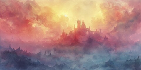Explore an enchanting realm of epic battles, mythical beings, and vibrant watercolor illustrations centered around a majestic castle.