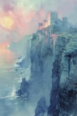 Castle at the edge of a cliff overlooking the ocean, dramatic perspective, stormy sea, dark clouds, watercolor style.
