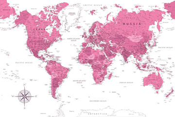 World Map - Highly Detailed Vector Map of the World. Ideally for the Print Posters. Rose Pink Colors. Relief Topographic - obrazy, fototapety, plakaty