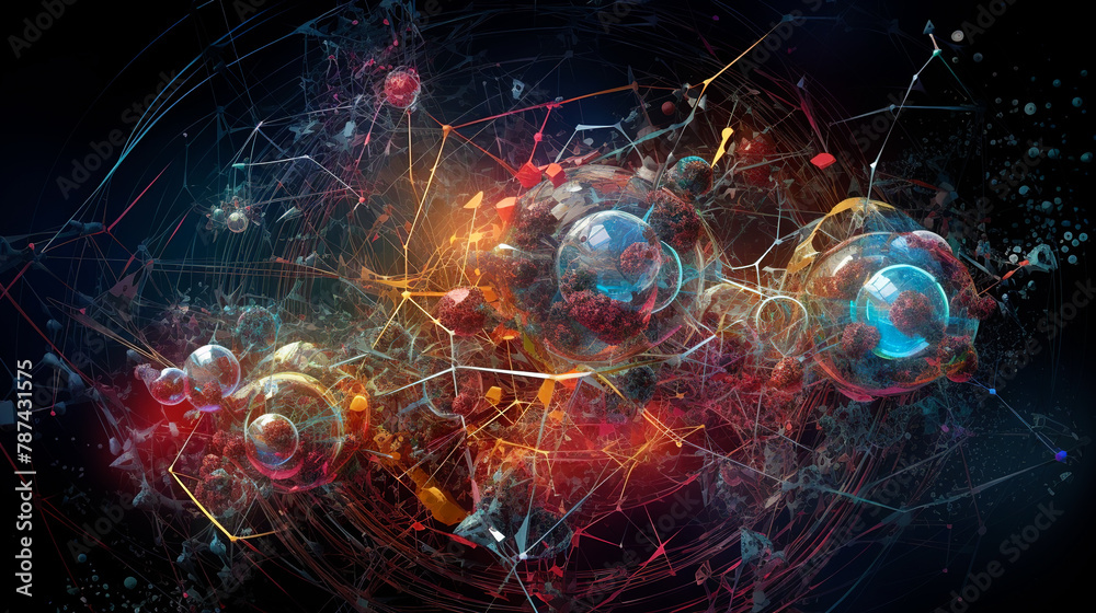 Poster Abstract scientific concept with connected cells and particles. Science microscopic background.