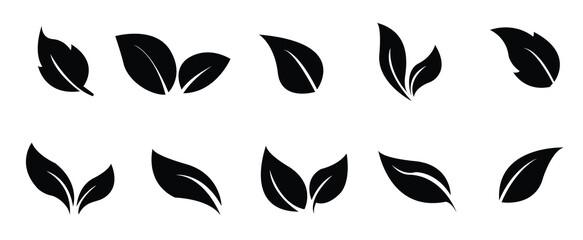 Branch, leaves black silhouettes set. Isolated on white background hand drawn, Nature logo design template with line art and leaf element Premium Vector, eps10