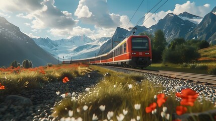 train on the railway in the montains, Modern Electric Train Amidst a Breathtaking European Landscape, Embracing Green Energy Inspiration - obrazy, fototapety, plakaty