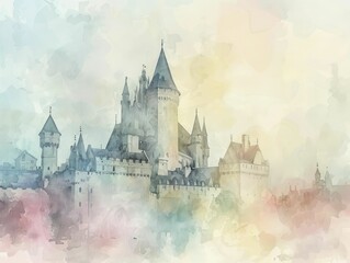 Castle during a literary festival, authors signing books, readings under tents, literary themed decorations, watercolor style. - obrazy, fototapety, plakaty