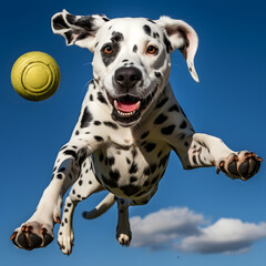 Dalmatian dog jumping happily in the air catching a ball. Training with ball.