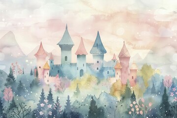 Castle in a children's book illustration, playful and colorful, whimsical characters and creatures, watercolor style.
