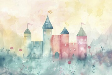 Explore a vibrant world filled with whimsical characters and colorful creatures in a playful watercolor-style children's book illustration of a castle.