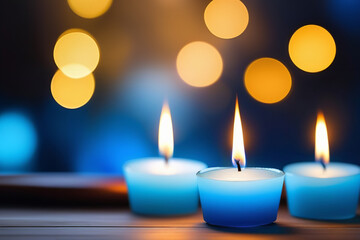 Vesak holiday background. Blue wax candles over golden bokeh background. Vesak Day backdrop - obrazy, fototapety, plakaty