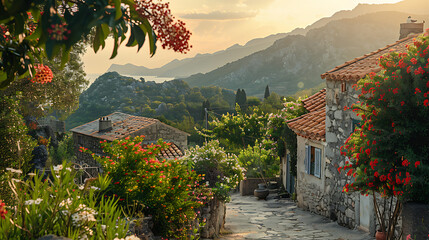 A Mediterranean mountain village with ancient stone houses nestled amidst scenic hillsides