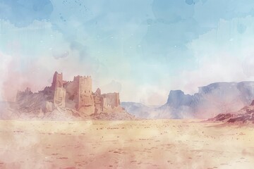 A shimmering fortress emerges amid the desert's heat haze, surrounded by sparse vegetation and an expansive sandy canvas in a dreamy watercolor style.