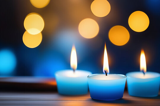 Vesak holiday background. Blue wax candles over golden bokeh background. Vesak Day backdrop