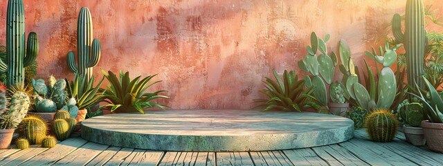 Obraz premium Podium 3D background cactus product summer cosmetic platform display desert. Background 3D podium stone scene stand sand mockup nature stage beauty white room green creative beach concept yellow rock.