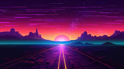 Fotobehang Road to horizon in synthwave style. 80s styled purple and blue synthwave highway landscape. © swillklitch