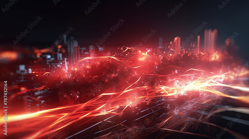 Poster Abstract technology burst with glowing wires and particles in motion. Technology and science dynamic background.