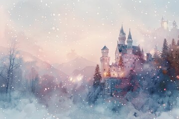 Snow covered castle with twinkling holiday lights, evening shot with warm glow from windows, snowflakes falling gently, watercolor style. - obrazy, fototapety, plakaty