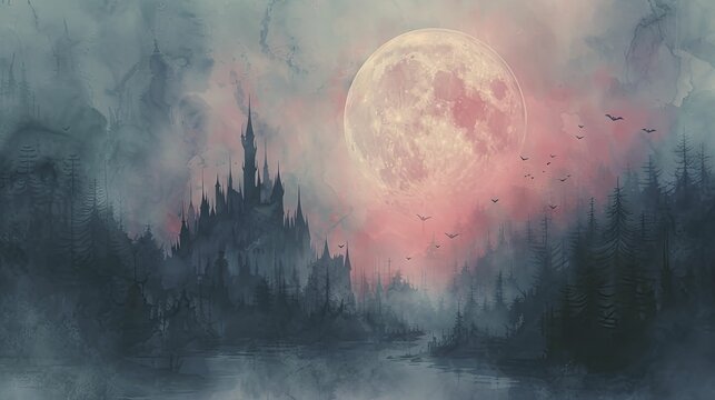 Silhouette of a castle against a full moon, Halloween theme, spooky atmosphere, bats and owls in flight, watercolor style.