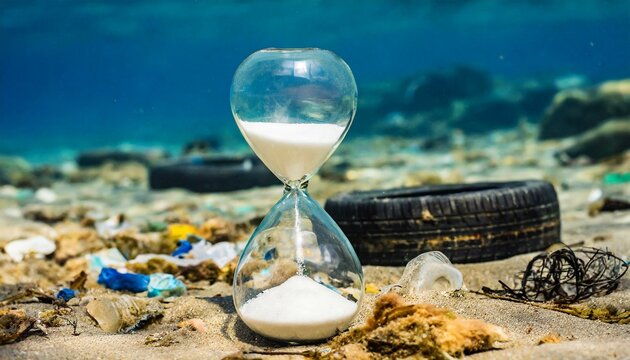 ampulheta fundo oceano polu&iacute;do com pl&aacute;sticos e outros lixos, conceito sustentabilidade