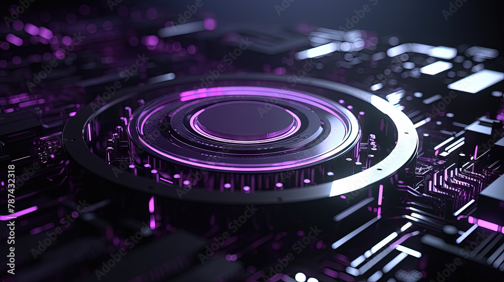 Poster Technology abstract background with hud styled round interface elements in neon tech light.